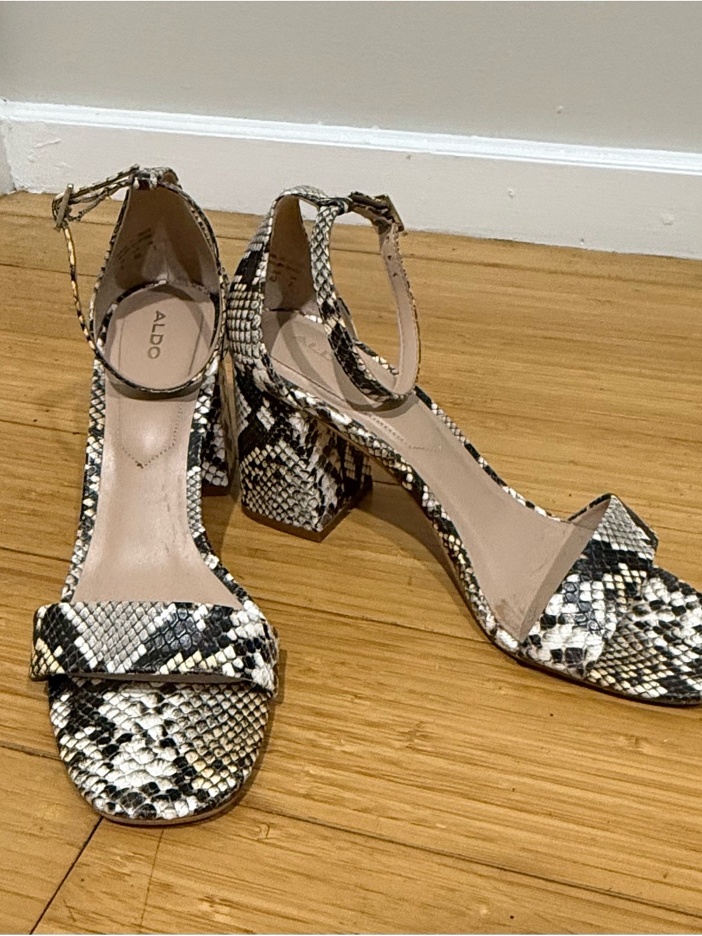 ALDO Snake-Print Ankle-Strap Block Heels in Black & Cream